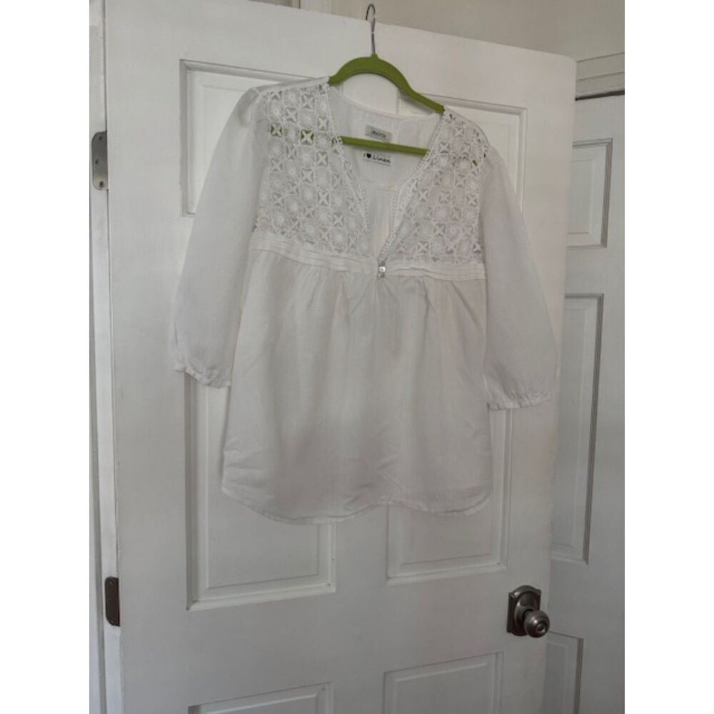 Malvin Germany Linen Bohemian Lagenlook Popover Blouse, size Large, White.